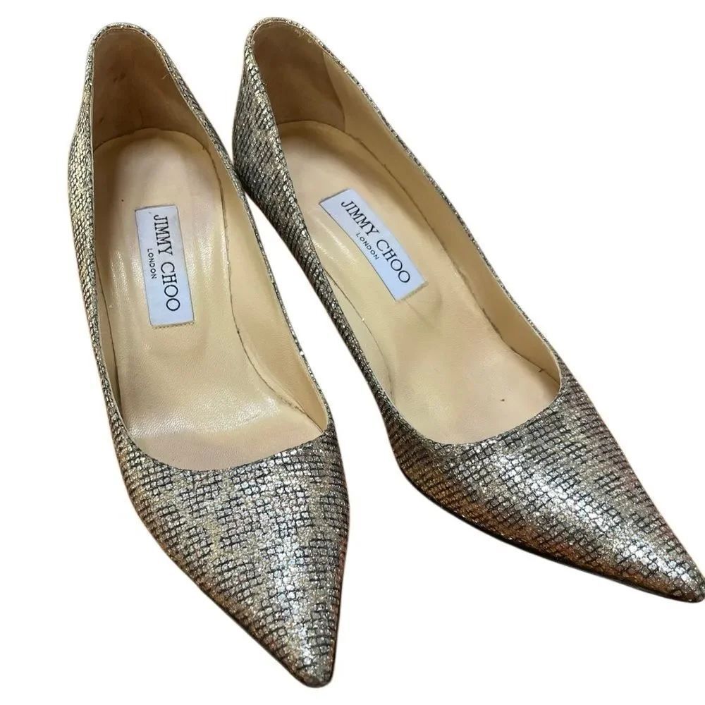 Jimmy Choo Leopard Glitter Pointed Toe Gold Heels Pumps Italy Made 39 1/2 9.5